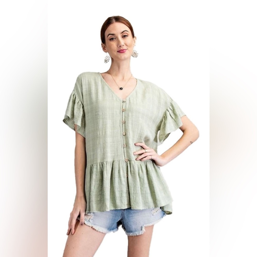 NWT Easel Textured Peplum Tunic Button Down Top, Size M